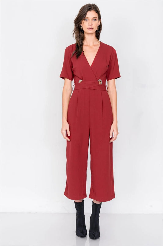 Wine V-Neck Ankle Gaucho Waist Lace Up Wrap Jumpsuit /2-2-2 - Tasha Apparel Wholesale