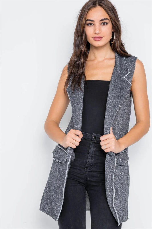 Charcoal Sleeveless Open Front Raw Edge Vest /3-2-1 - Tasha Apparel Wholesale