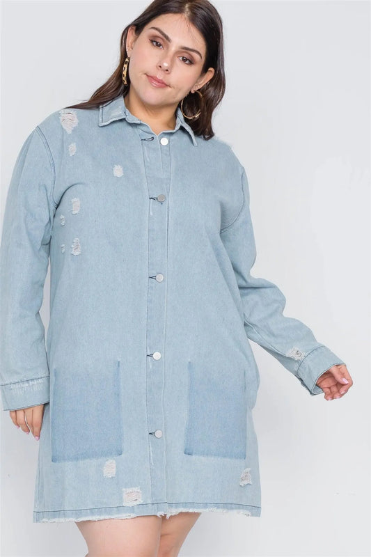 Plus Size Distressed Long Sleeves Denim Jacket /2-2-2 - Tasha Apparel Wholesale