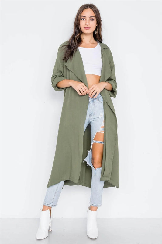 Olive Open Front Long Sleeve Side Slit Jacket /2-2-2 - Tasha Apparel Wholesale