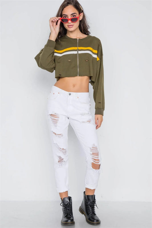 Olive Distressed Zip-Up Colorblock Cropped Sweater /1-2-2 - Tasha Apparel Wholesale