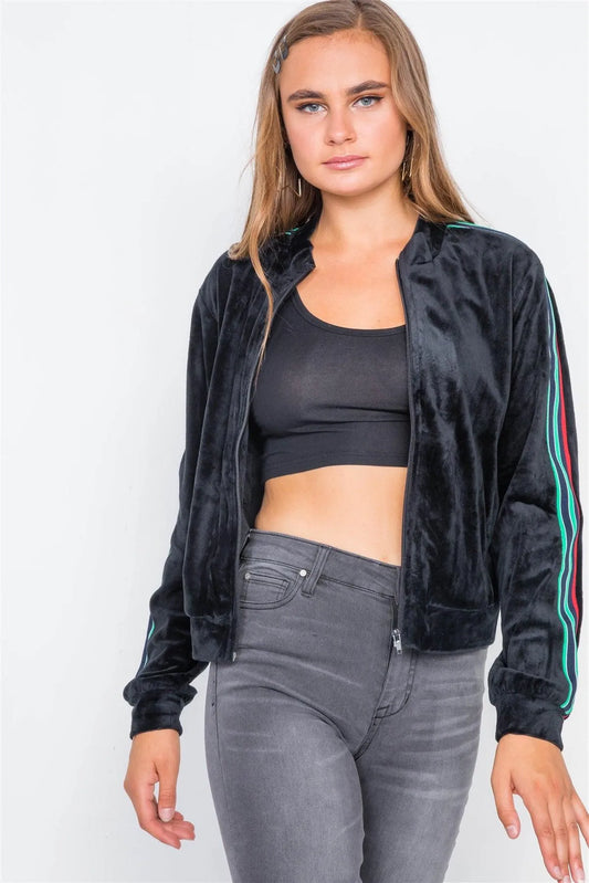 Black Velvet Zip-Up Sporty Long Sleeve Jacket /2-2-2 - Tasha Apparel Wholesale