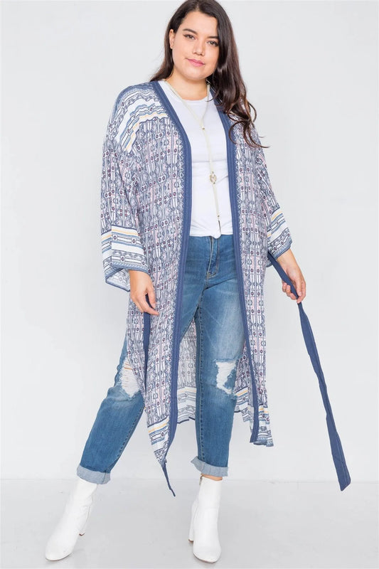 White Navy & Pink Festival boho Print Maxi Kimono - Tasha Apparel Wholesale