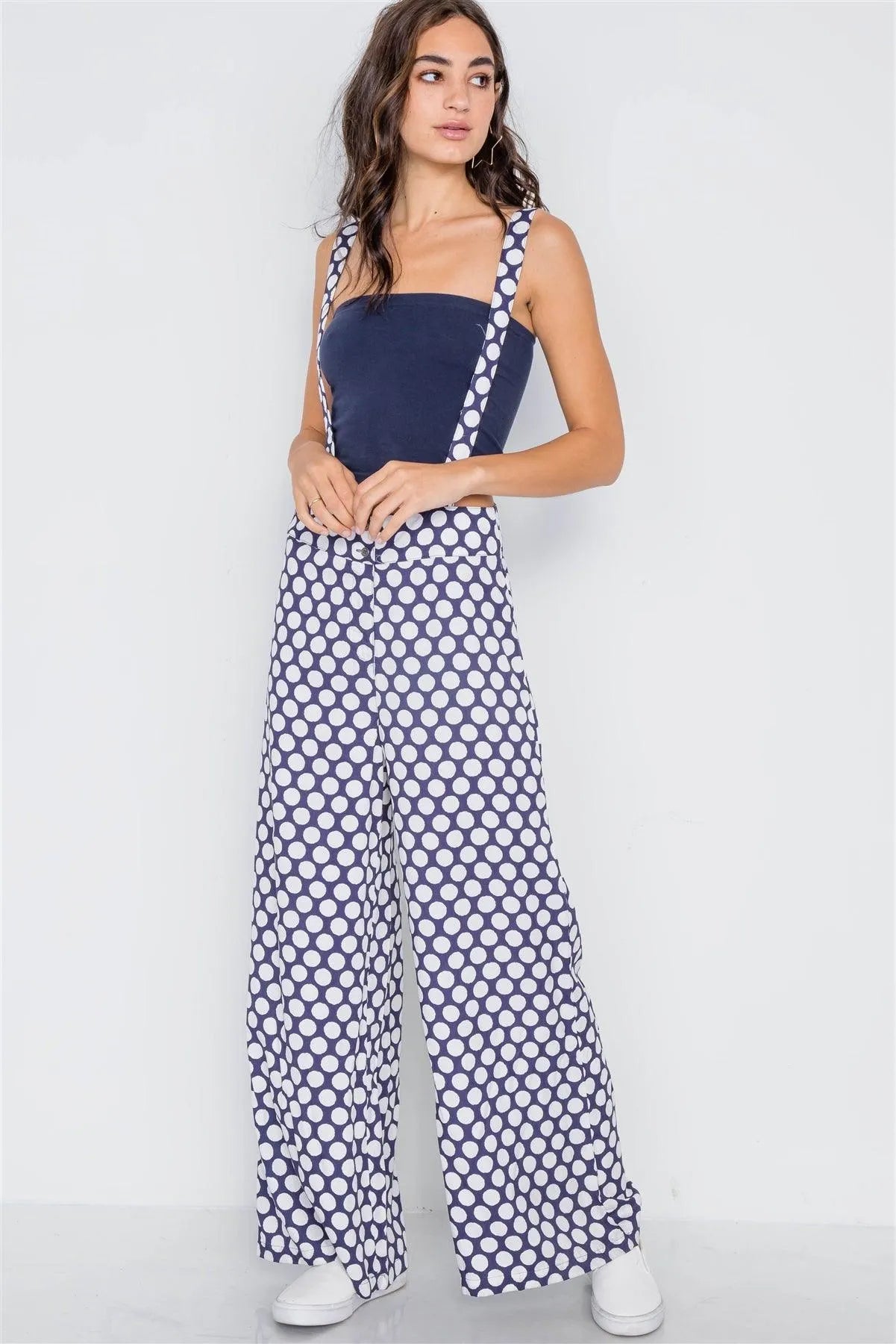 Navy White Polka Dot Wide Leg Suspender Pants /2-2-2 - Tasha Apparel Wholesale