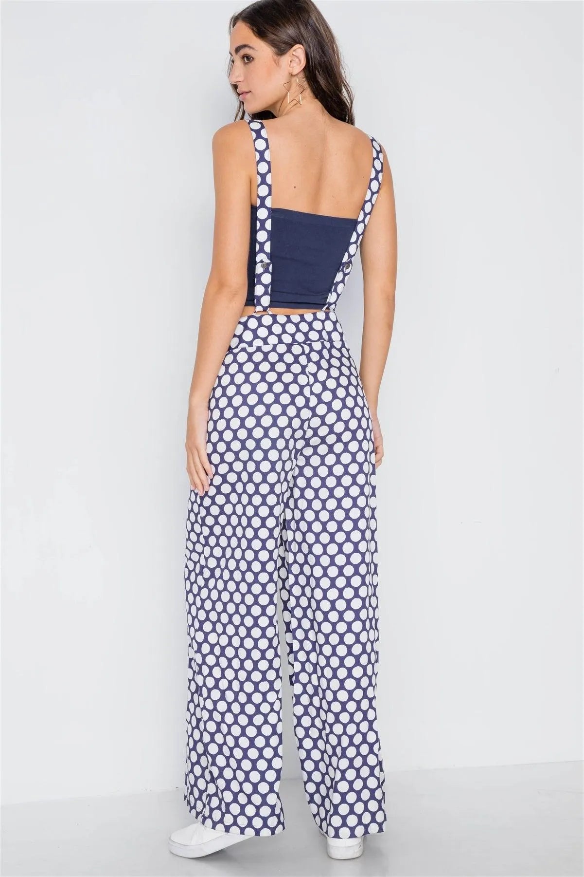 Navy White Polka Dot Wide Leg Suspender Pants /2-2-2 - Tasha Apparel Wholesale