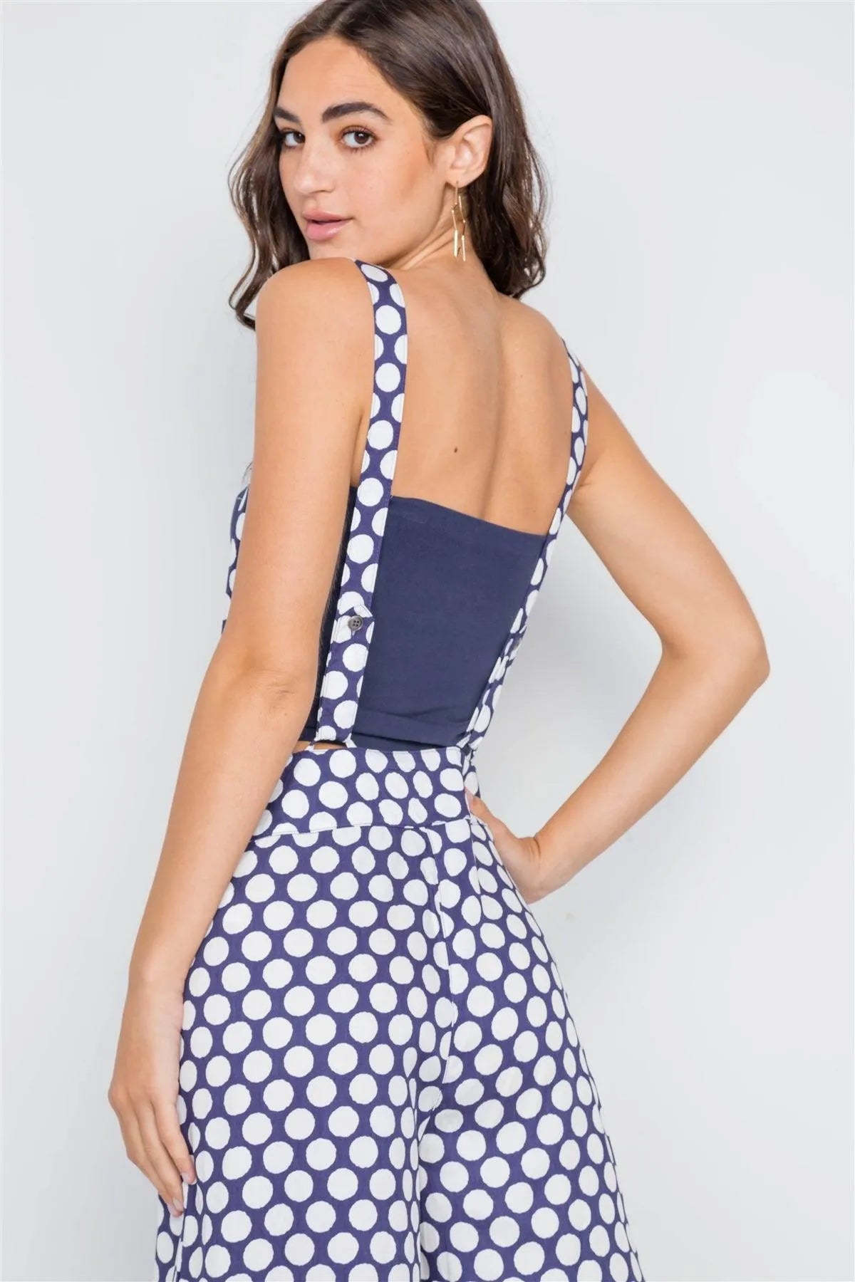 Navy White Polka Dot Wide Leg Suspender Pants /2-2-2 - Tasha Apparel Wholesale
