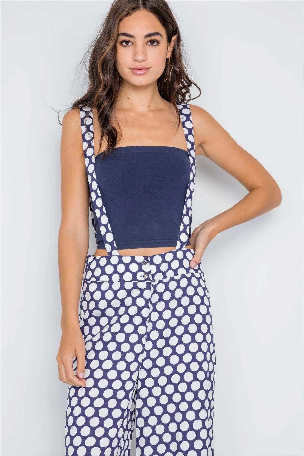 Navy White Polka Dot Wide Leg Suspender Pants /2-2-2 - Tasha Apparel Wholesale