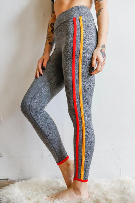Heather Grey Striped Sports Yoga Legging /3-1-1 - Tasha Apparel Wholesale