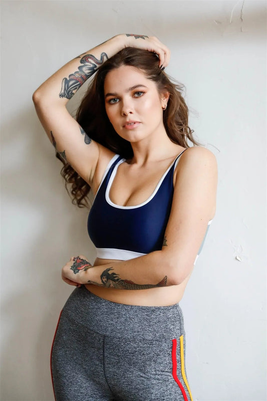 Navy Colorblock Contrast Trim Sports Bra Sleeveless Crop Top /2-1-1 - Tasha Apparel Wholesale