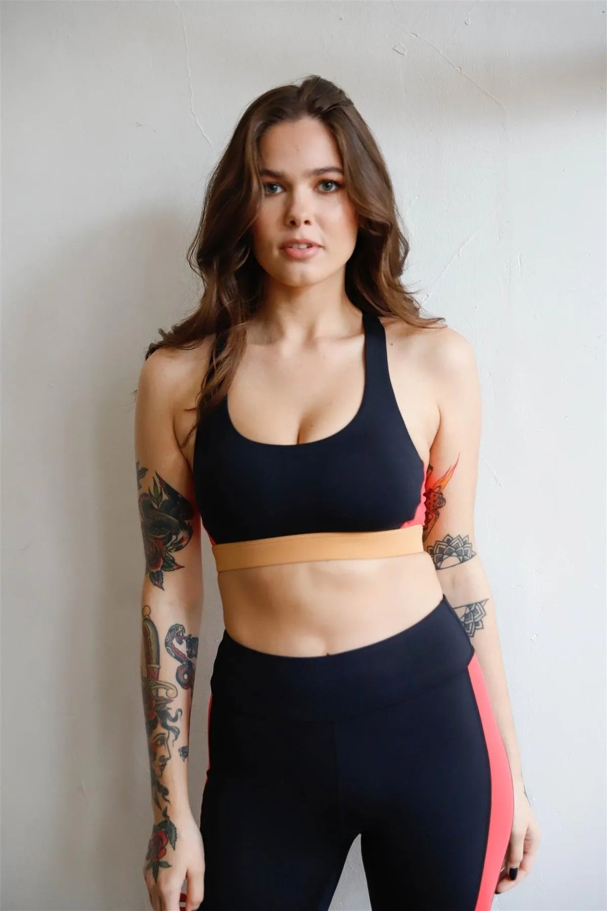 Black Multi Colorblock Racerback Strap Classic Silhouette Sports Bra Activewear Top /3-1-1-2 - Tasha Apparel Wholesale