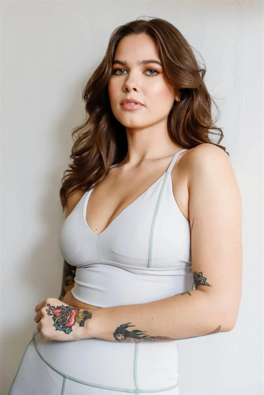 Grey Contrast Stitch Crisscross Back Straps Sports Bra Sleeveless Crop Top /1-2-1 - Tasha Apparel Wholesale