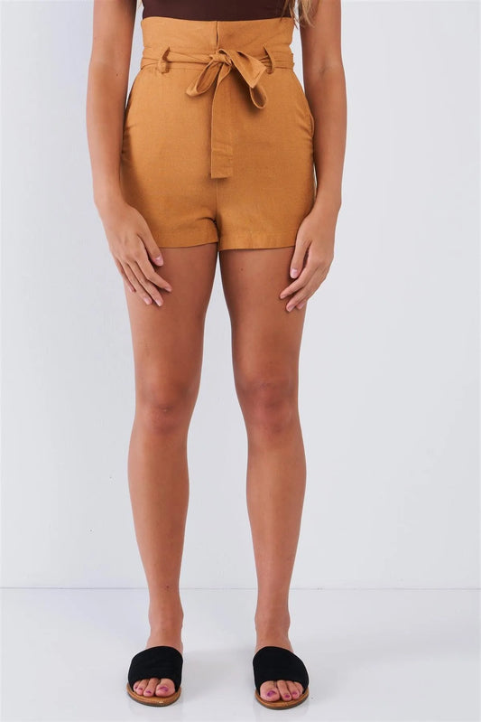 Camel Collared High Waist Hem Self Tie Belt Shorts /3-2-1 - Tasha Apparel Wholesale