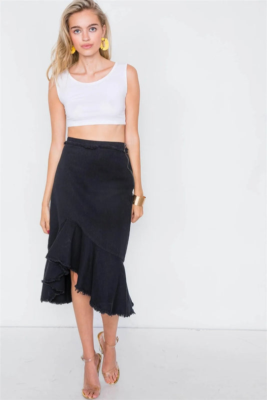Black Denim Flounce Mermaid High-Low Midi Skirt /2-2-2 - Tasha Apparel Wholesale
