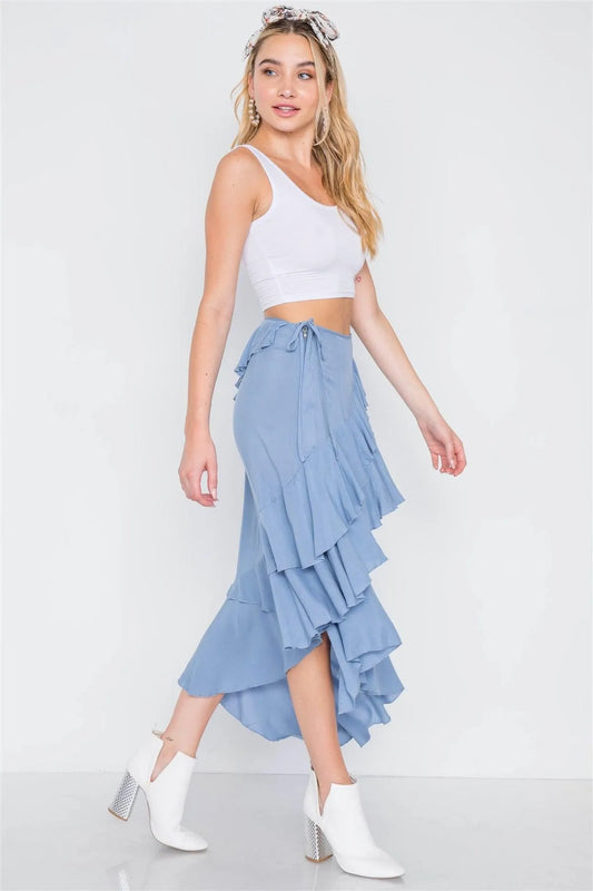 Denim Blue High-Waist Asymmetrical Flounce Midi Skirt /3-2-1 - Tasha Apparel Wholesale