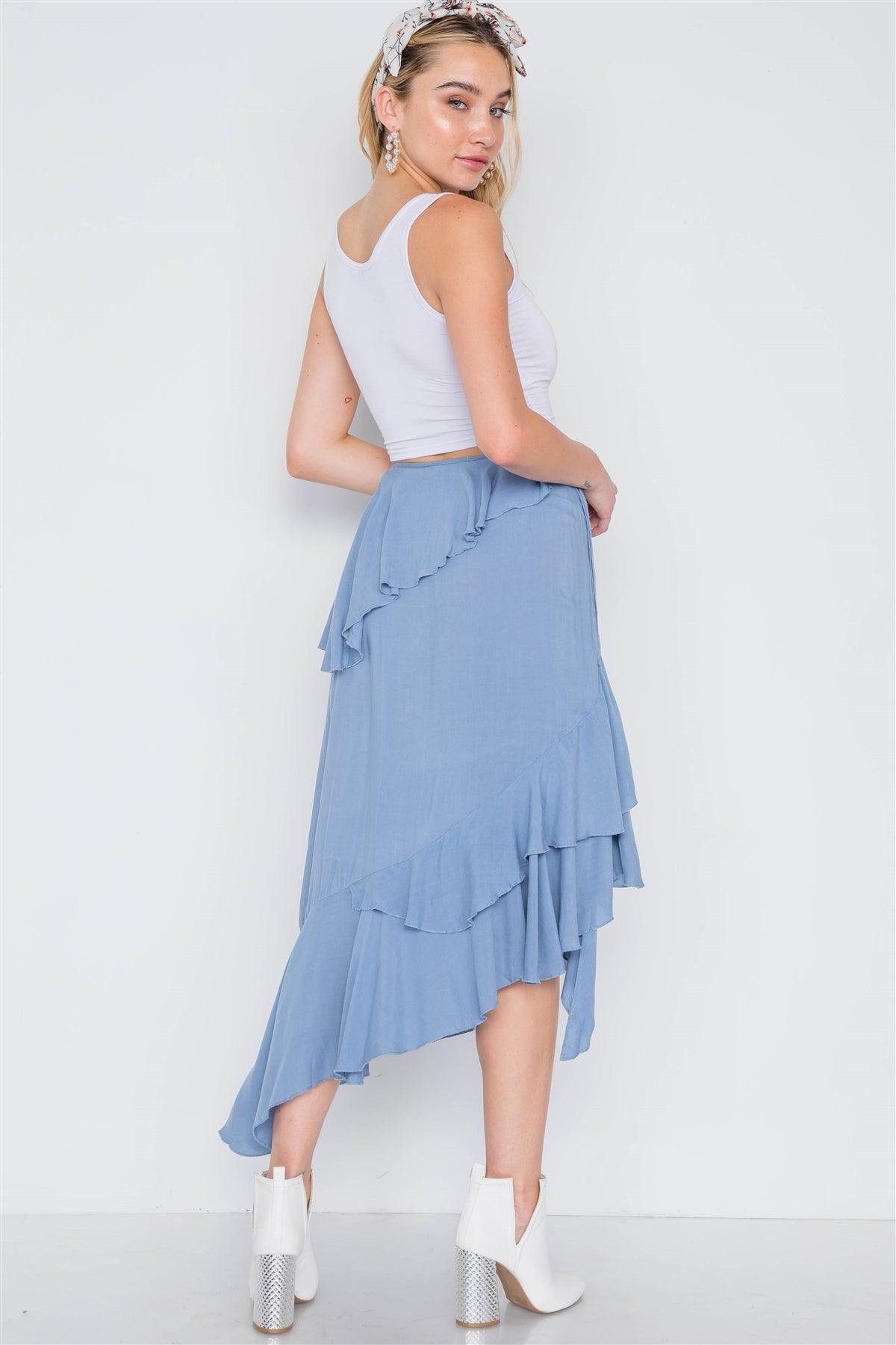 Denim Blue High-Waist Asymmetrical Flounce Midi Skirt /3-2-1