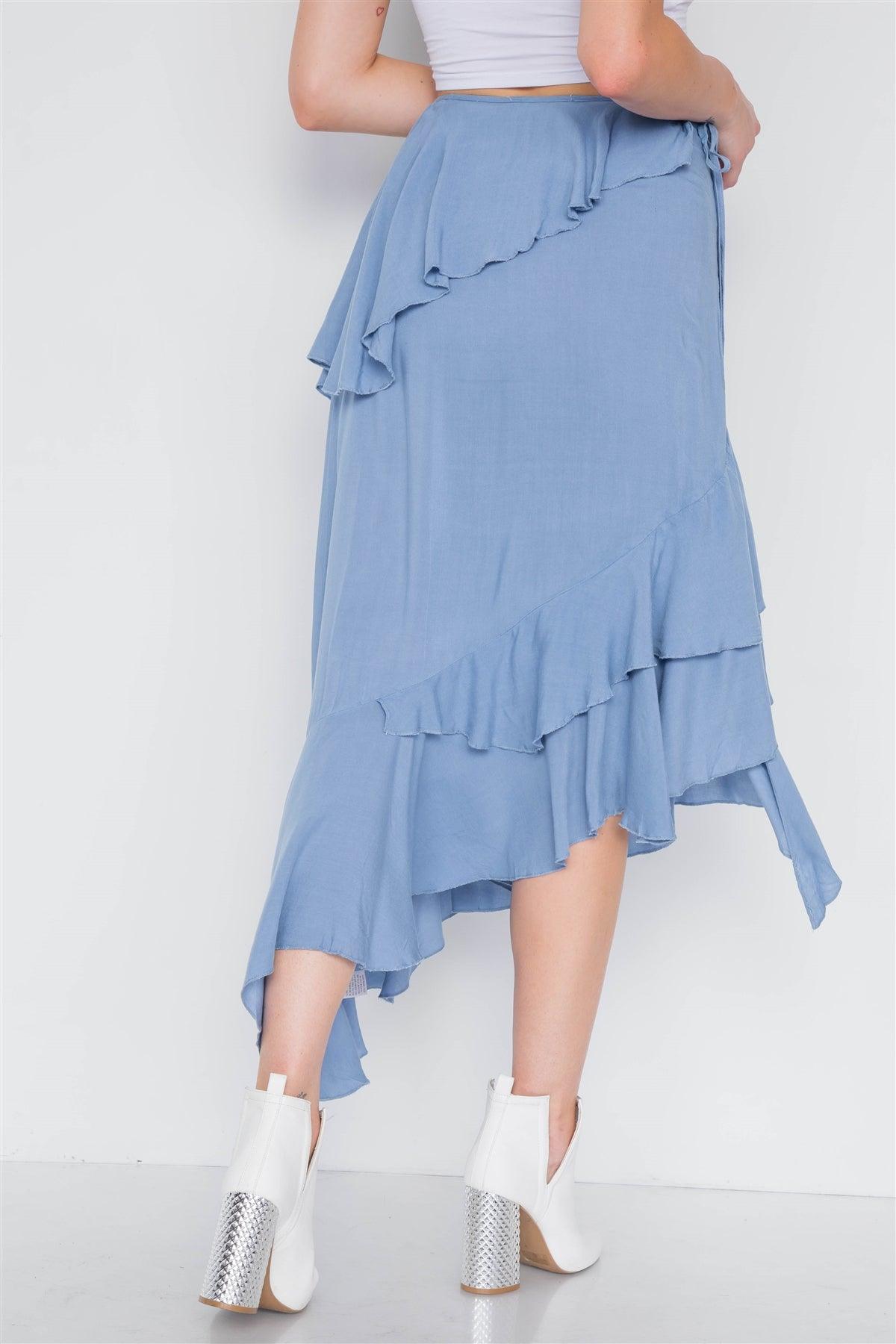 Denim Blue High-Waist Asymmetrical Flounce Midi Skirt /3-2-1