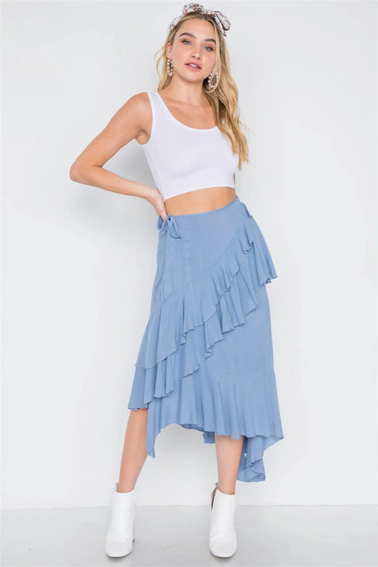 Denim Blue High-Waist Asymmetrical Flounce Midi Skirt /1-3-3 - Tasha Apparel Wholesale