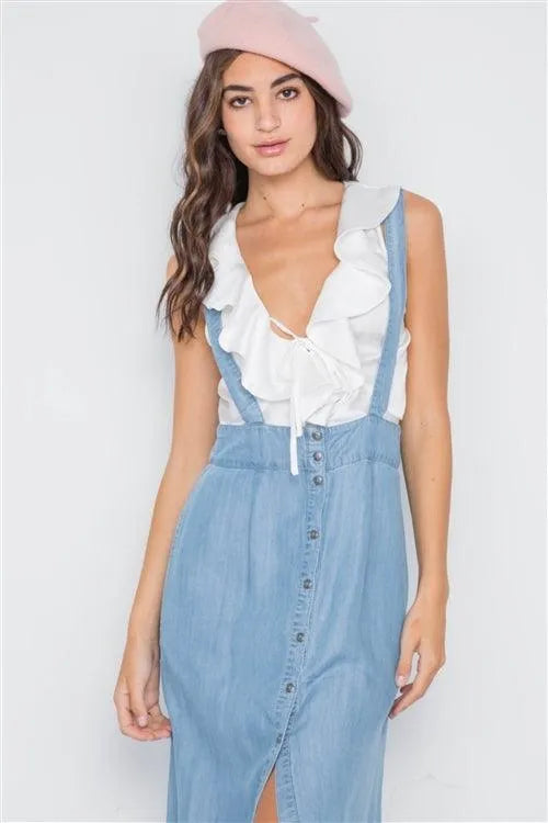Denim High Waist Maxi Suspender Overall Skirt /1-2-2 - Tasha Apparel Wholesale
