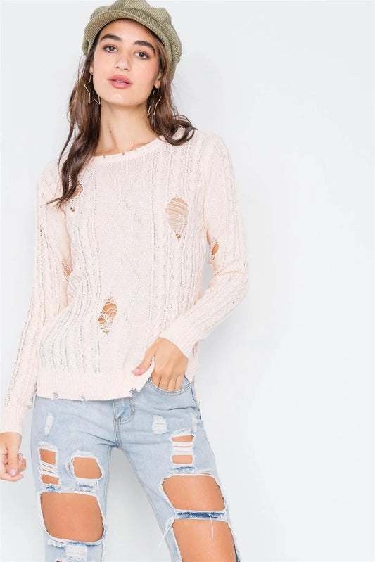 Peach Distressed High-Low Knit Sweater /2-2-2 - Tasha Apparel Wholesale