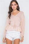 Blush Long Sleeve Lace Up Surplice Neck Top /2-2-2 - Tasha Apparel Wholesale
