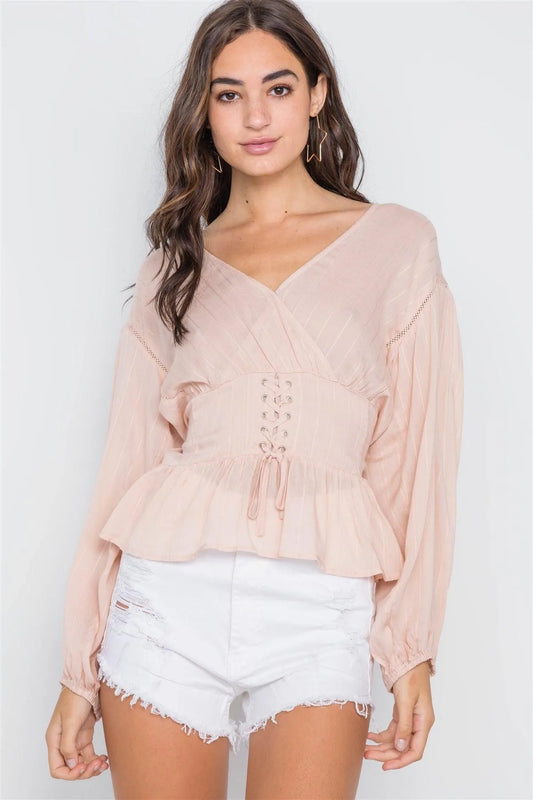 Blush Long Sleeve Lace Up Surplice Neck Top /2-2-2 - Tasha Apparel Wholesale