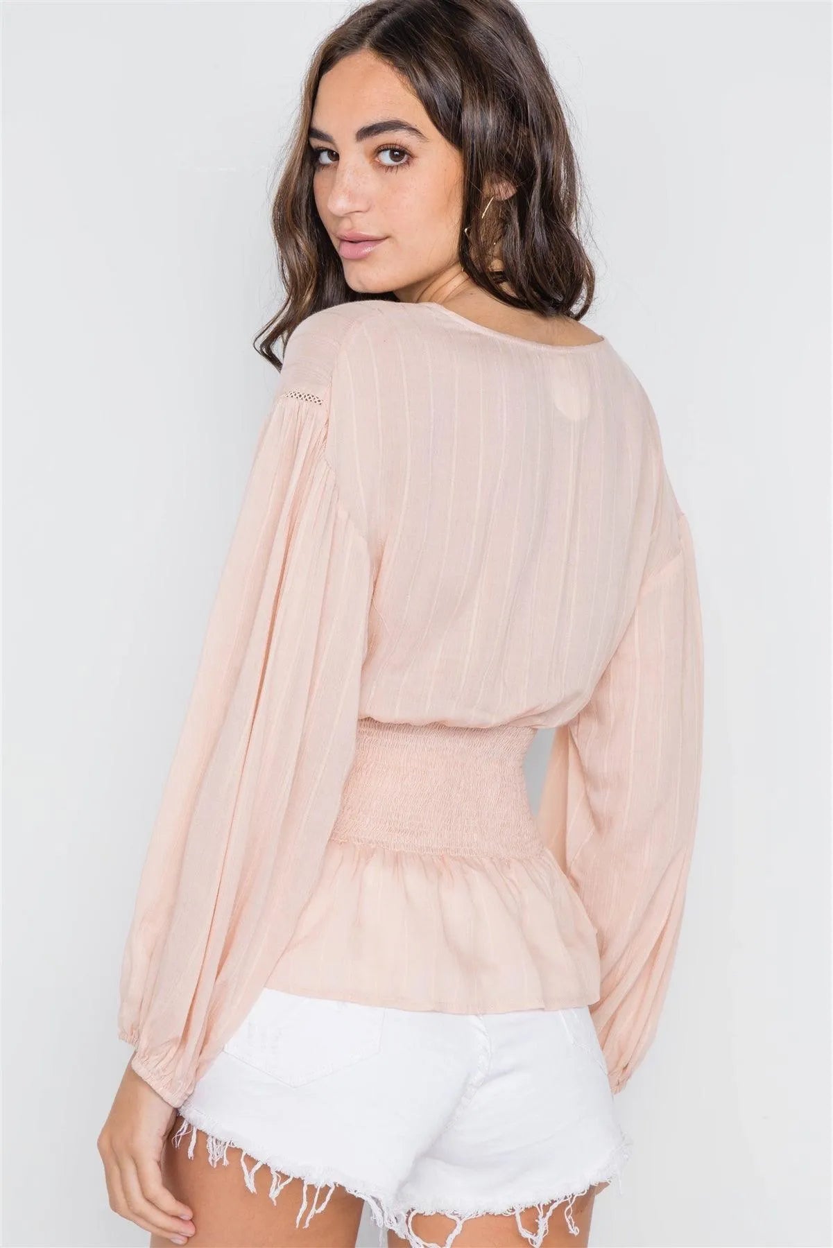 Blush Long Sleeve Lace Up Surplice Neck Top /2-2-2 - Tasha Apparel Wholesale