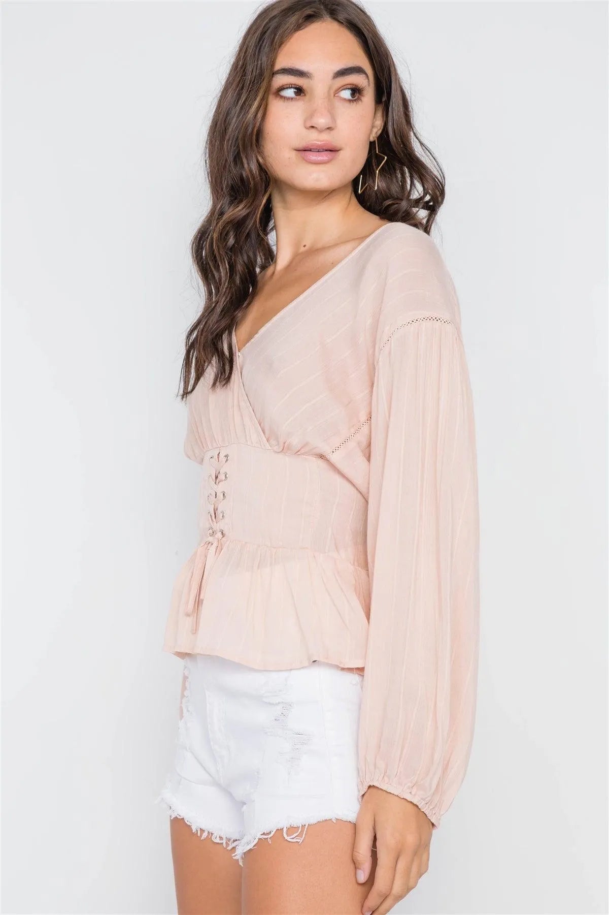 Blush Long Sleeve Lace Up Surplice Neck Top /2-2-2 - Tasha Apparel Wholesale