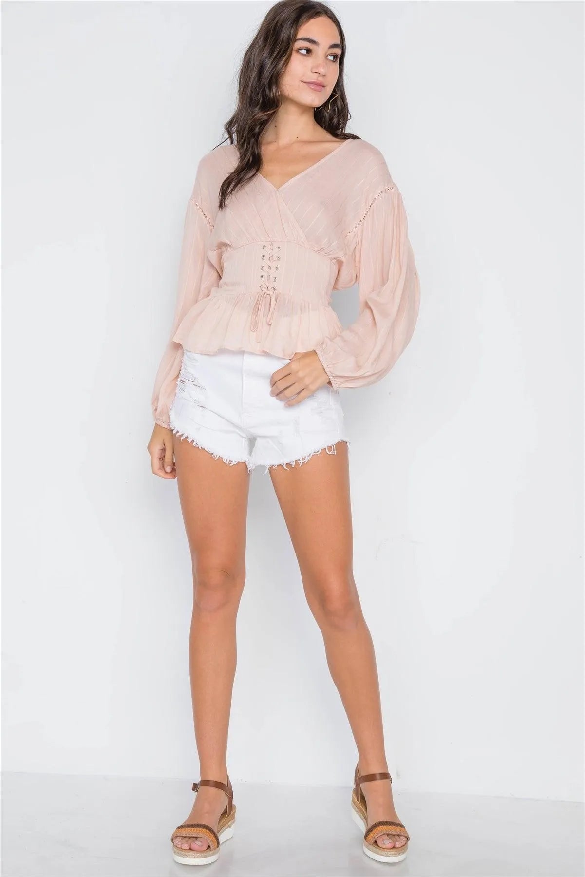 Blush Long Sleeve Lace Up Surplice Neck Top /2-2-2 - Tasha Apparel Wholesale