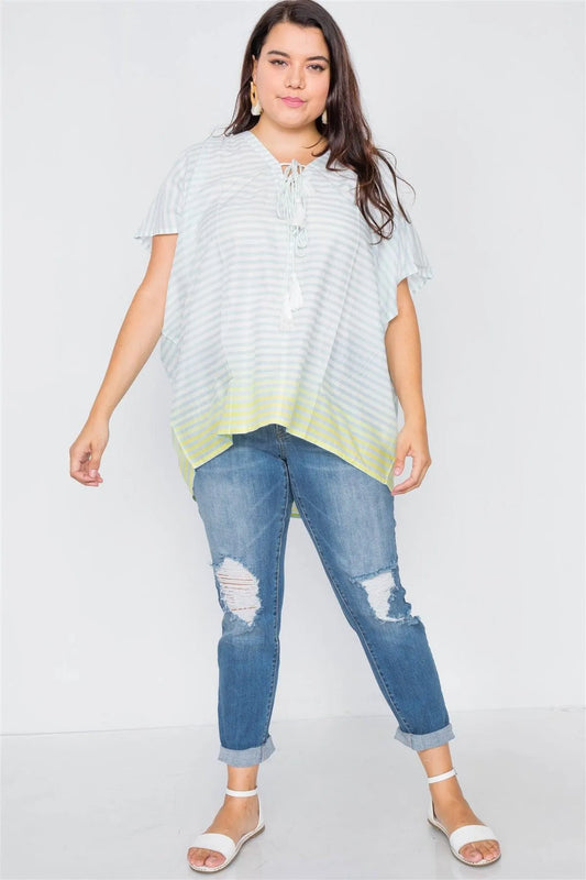 Junior Plus Size Mint Lemon Ombre Lace Up Tassel Swim Cover-Up Top /1-2-2 - Tasha Apparel Wholesale
