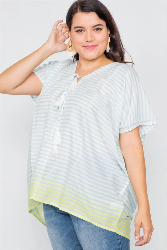 Junior Plus Size Mint Lemon Ombre Lace Up Tassel Swim Cover-Up Top /2-2-2 - Tasha Apparel Wholesale