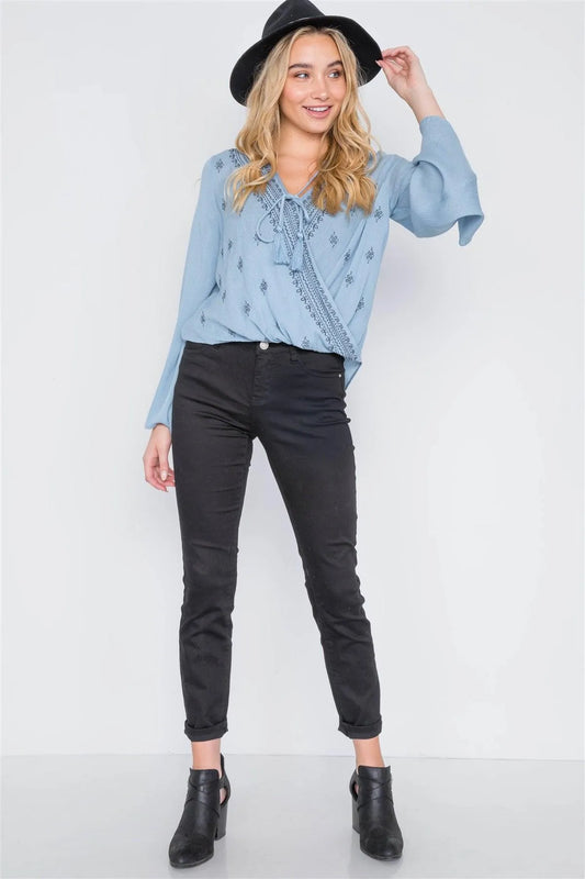 Dusty Blue Embroidery Bell Sleeve Top /2-2-2 - Tasha Apparel Wholesale