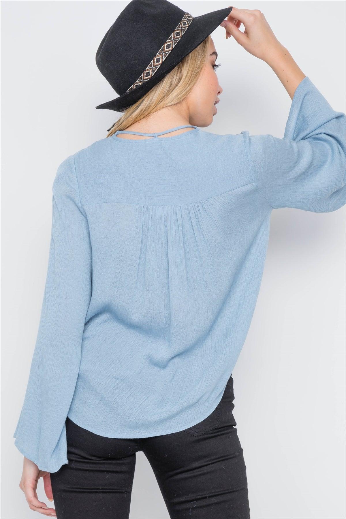 Dusty Blue Embroidery Bell Sleeve Top /2-4