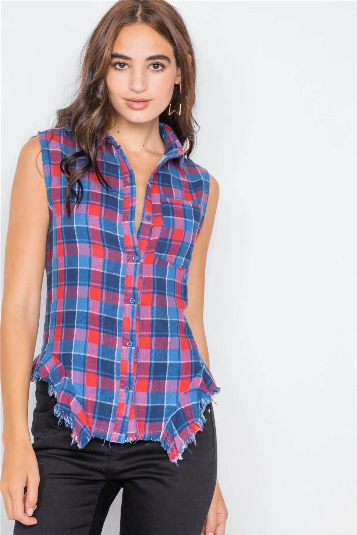 Navy & Red Plaid Stripe Raw Distressed Hem Flannel /2-2-2 - Tasha Apparel Wholesale