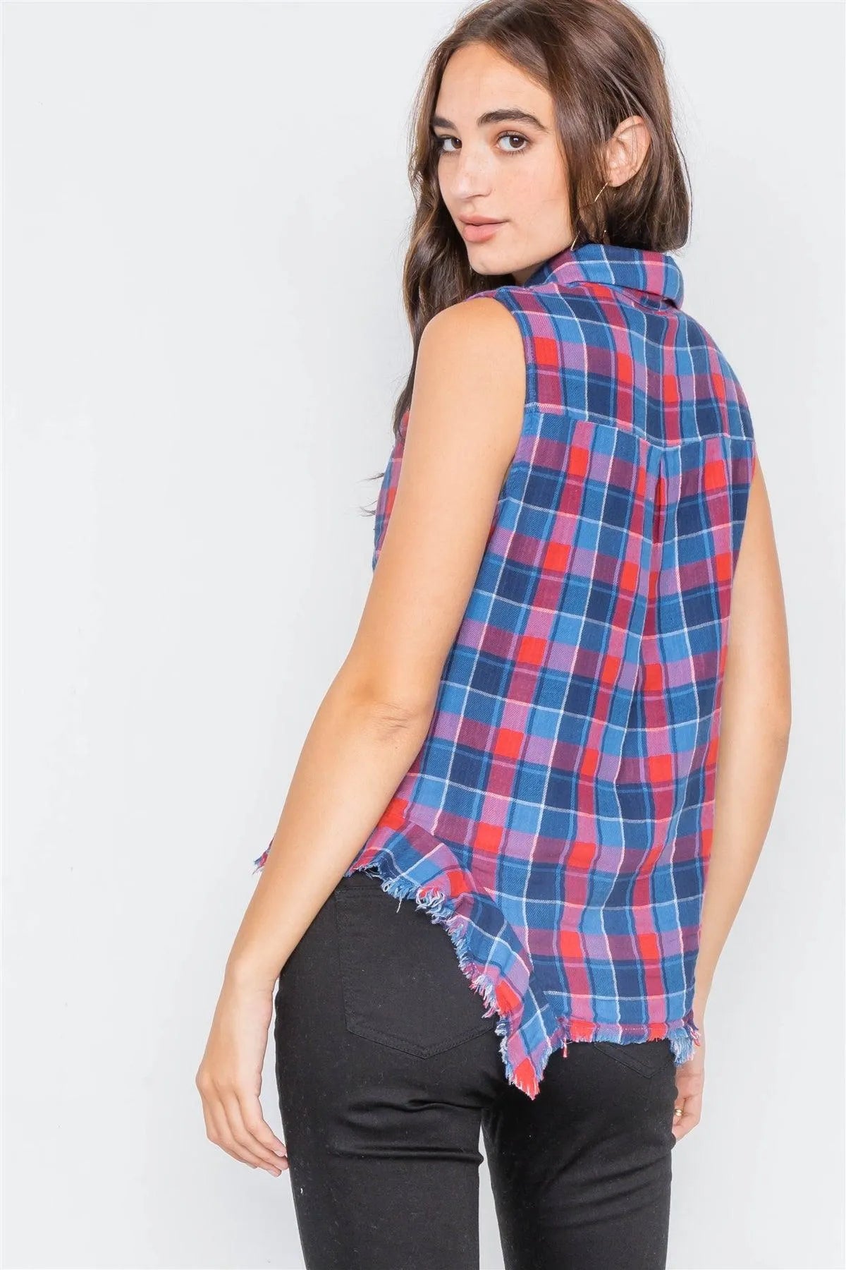 Navy & Red Plaid Stripe Raw Distressed Hem Flannel /2-2-2 - Tasha Apparel Wholesale