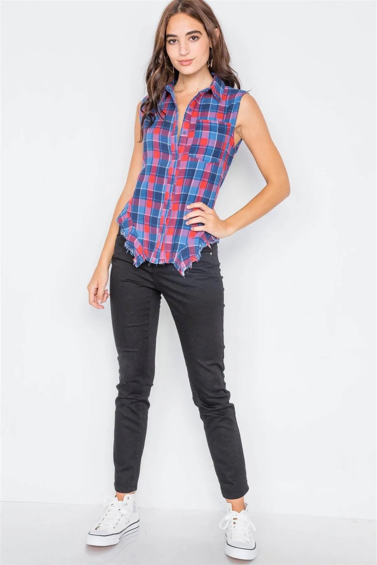 Navy & Red Plaid Stripe Raw Distressed Hem Flannel /2-2-2 - Tasha Apparel Wholesale