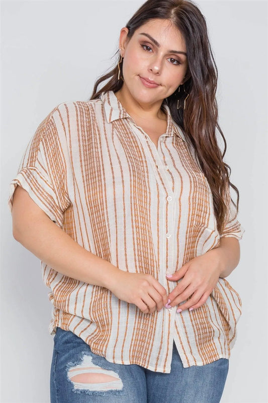 Plus Size Cream Camel Stripe Short Sleeve Top /2-2-2 - Tasha Apparel Wholesale
