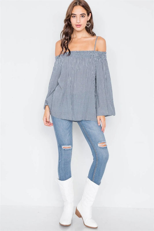 Navy & White Gingham Plaid Off-The-Shoulder Top /2-2-2 - Tasha Apparel Wholesale