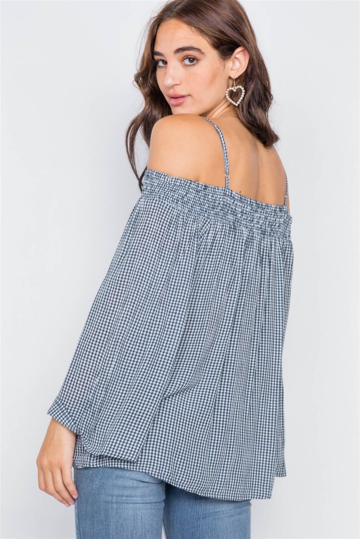 Navy & White Gingham Plaid Off-The-Shoulder Top /2-2-2