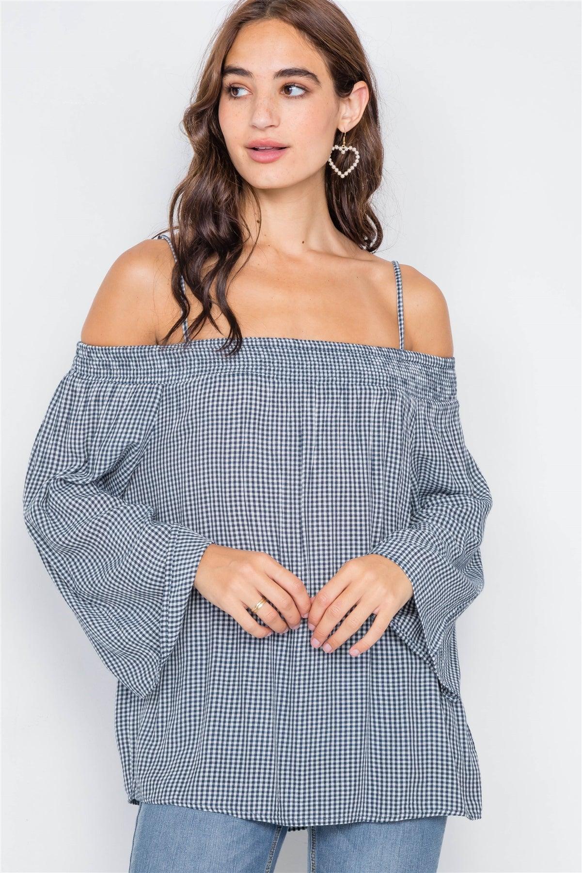 Navy & White Gingham Plaid Off-The-Shoulder Top /2-2-2