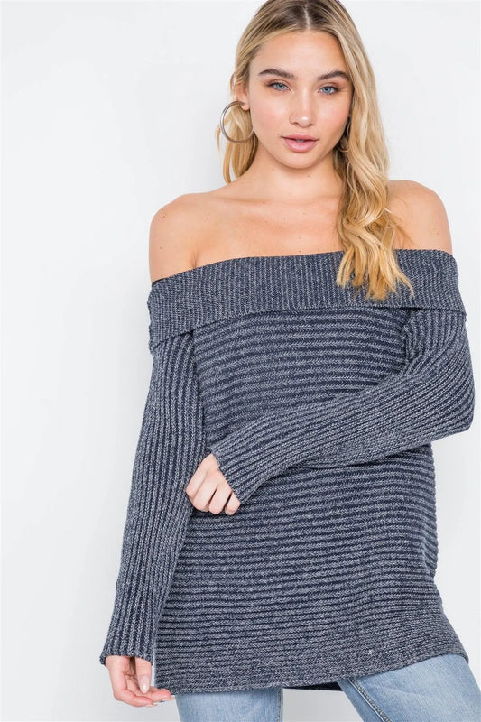 Navy Ribbed Off The Shoulder Knit Sweater /2-2-2 - Tasha Apparel Wholesale