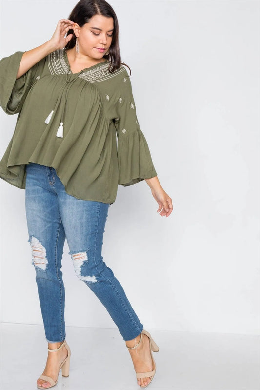 Plus Size Olive Boho Embroidered Lace-Up High-Low Top /1-2-1 - Tasha Apparel Wholesale