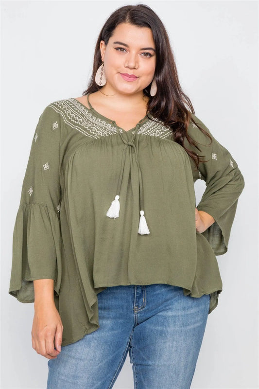 Plus Size Olive Boho Embroidered Lace-Up High-Low Top /2-2-2 - Tasha Apparel Wholesale