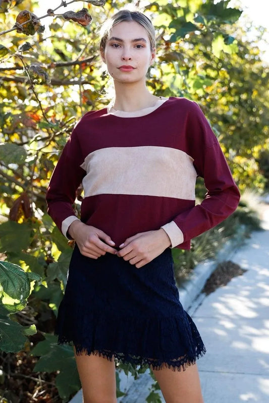 Burgundy Cotton Colorblock Long Sleeve Crop Top /2-2-2 - Tasha Apparel Wholesale
