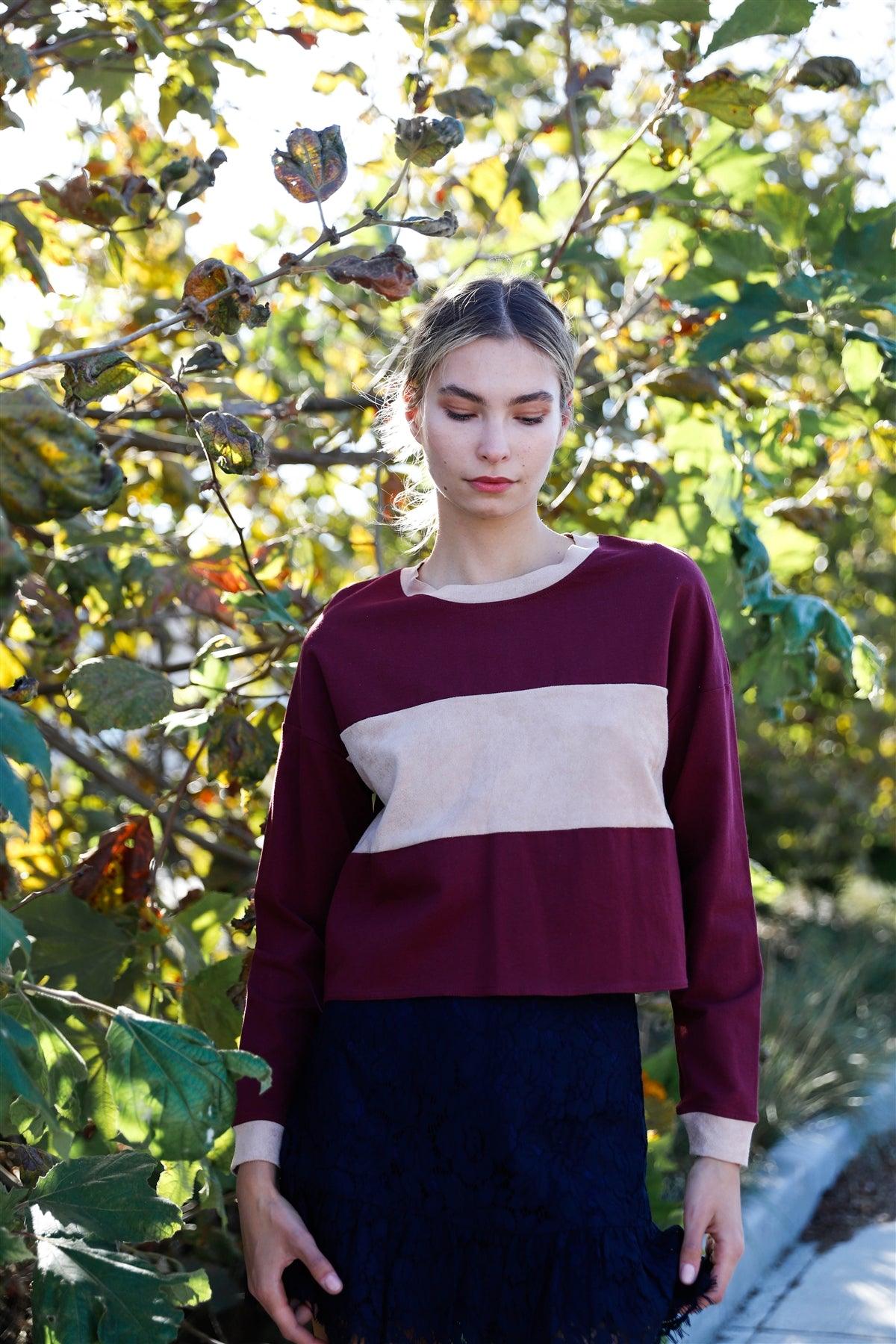 Burgundy Colorblock Long Sleeve Crop Top Sweatshirt /2-2-2