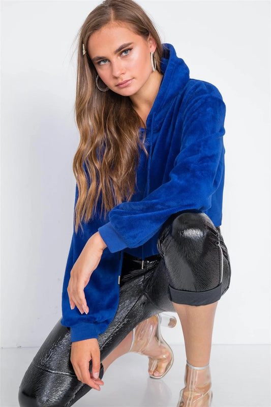 Royal Blue Hooded Long Sleeve Fleece Sweater /2-2-2 - Tasha Apparel Wholesale