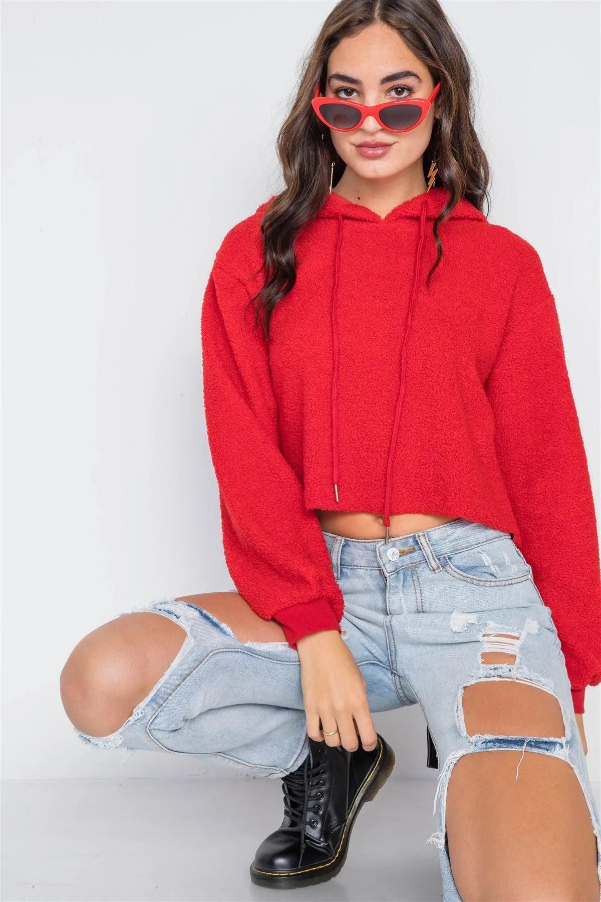 Red Cropped Hooded Long Sleeve Fleece Sweater /2-1-2 - Tasha Apparel Wholesale
