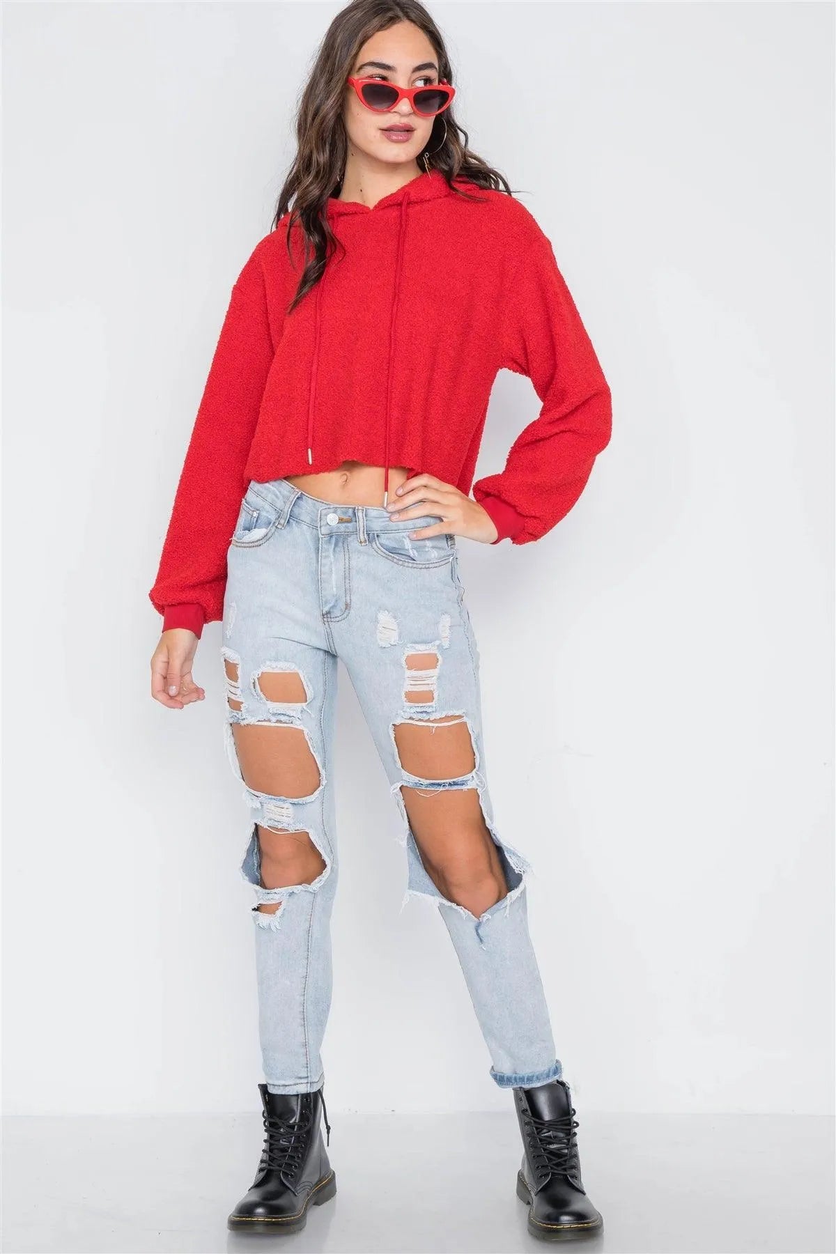Red Cropped Hooded Long Sleeve Fleece Sweater /2-1-2 - Tasha Apparel Wholesale
