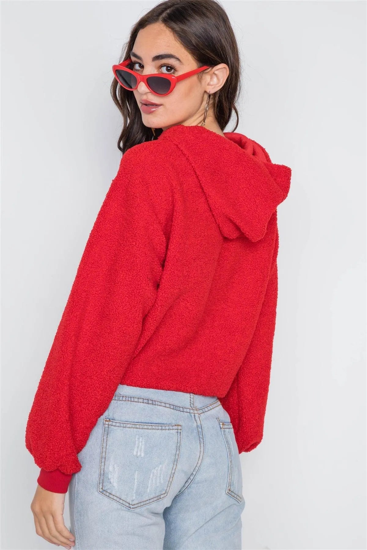 Red Cropped Hooded Long Sleeve Fleece Sweater /2-1-2 - Tasha Apparel Wholesale