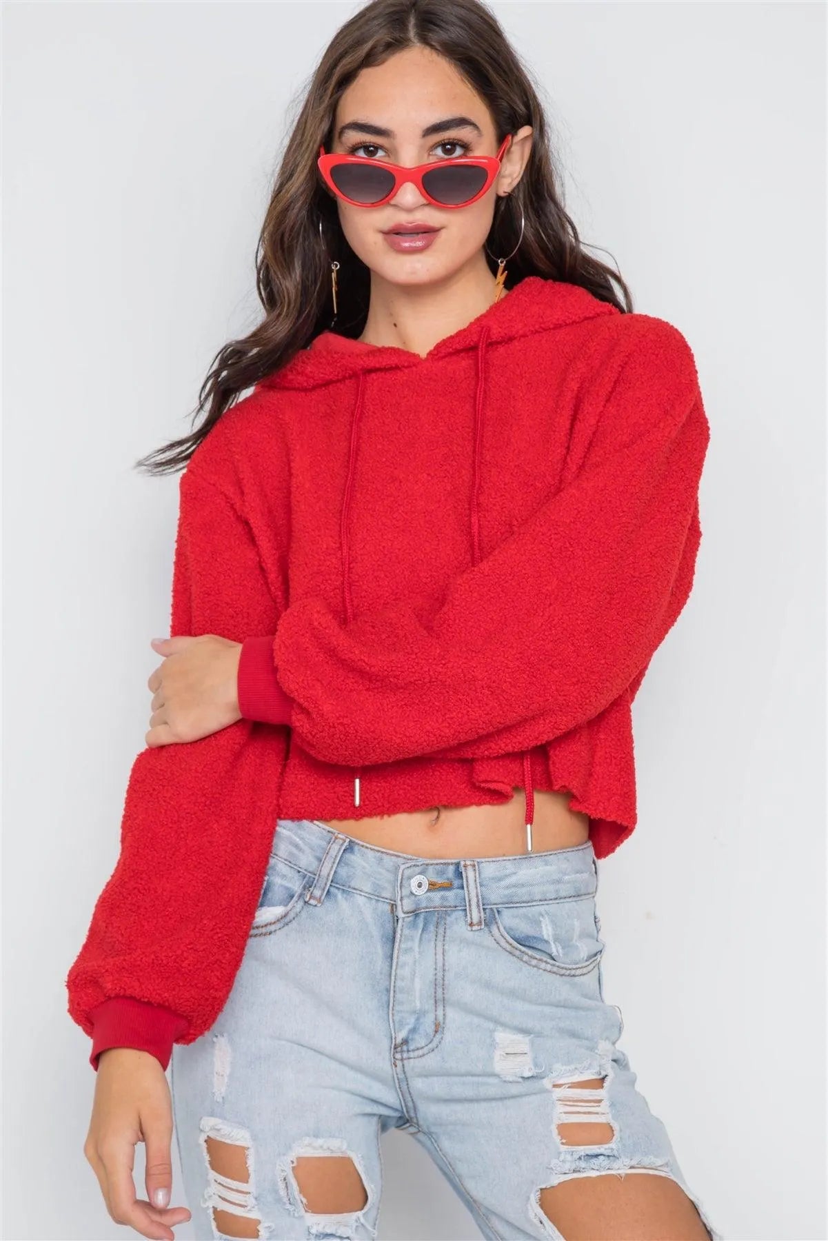 Red Cropped Hooded Long Sleeve Fleece Sweater /2-1-2 - Tasha Apparel Wholesale
