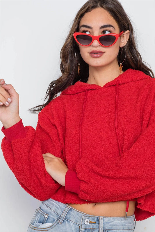 Red Cropped Hooded Long Sleeve Fleece Sweater /1-3-2 - Tasha Apparel Wholesale